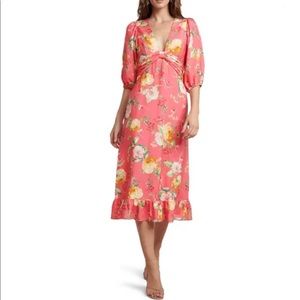 Ever New Coral Garden Cartier Floral Linen Blend Midi Dress Size 4